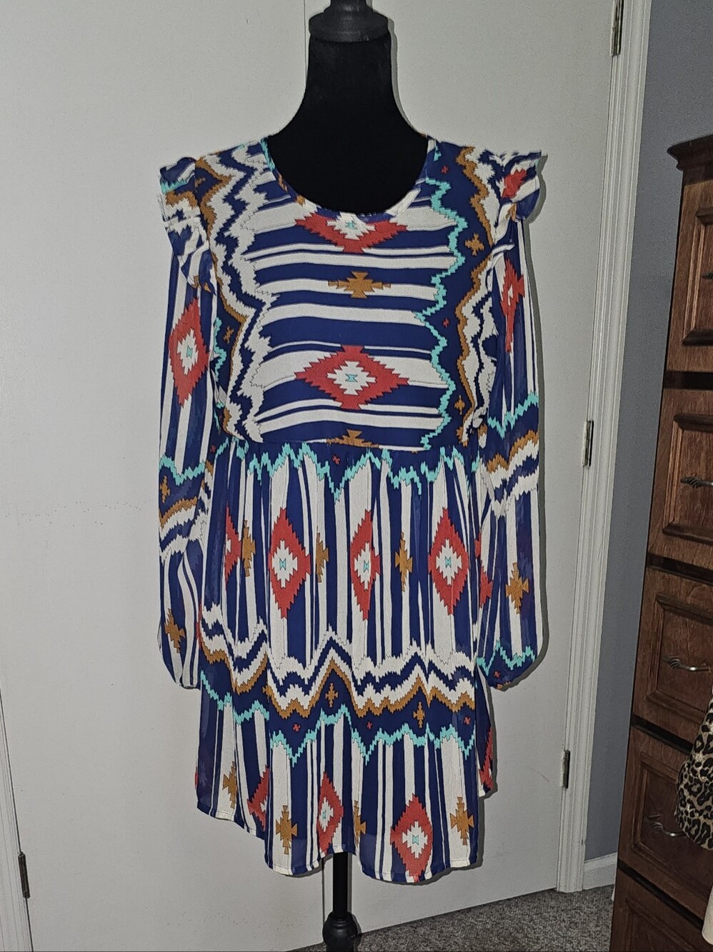 Umgee Aztec Print Midi Dress W/ Ruffle Sleeves & Accents Sz Lg